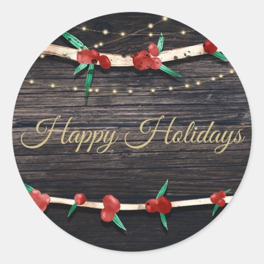 Sticker Rond Red Berries Branches & Lumières Rustic Holiday Par (Devant)