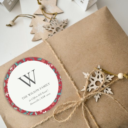 Sticker Rond Red Berries Christmas Floral  Monogram Address