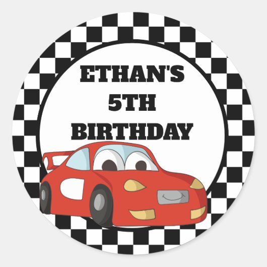 Sticker Rond Red Black White Race Car fête d'anniversaire (Devant)