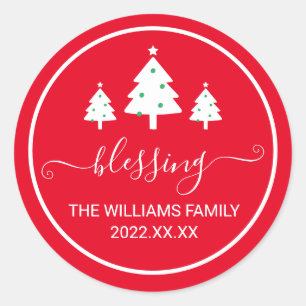 Sticker Rond Red Blessing Christmas Tree Nom de famille
