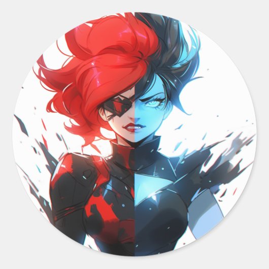 Sticker Rond Red Blue Fire Ice Comic Style Anime Girl (Devant)