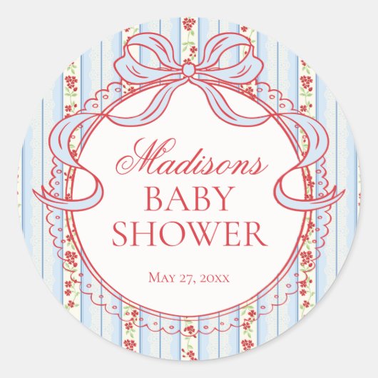 Sticker Rond Red & Blue Vintage Fancy Floral Baby Shower Seal (Devant)