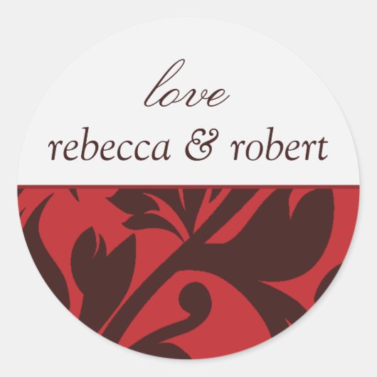 Sticker Rond Red Brown Damask Personnalisé Nom Mariage Inviter (Devant)