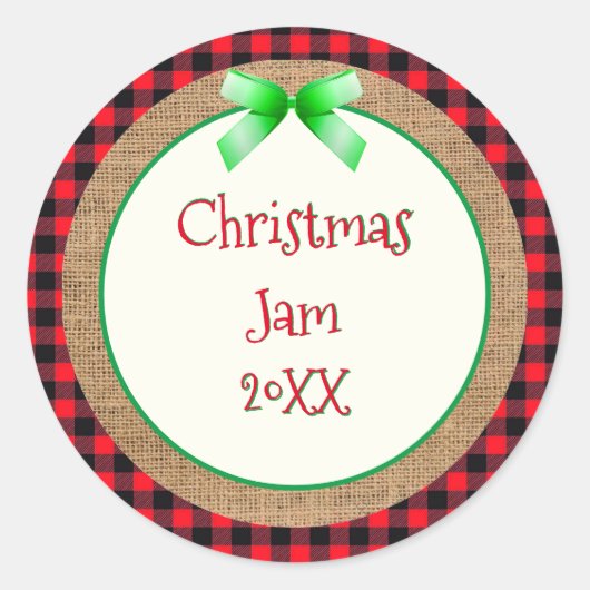 Sticker Rond Red Buffalo Plaid and Burlap Christmas Jam Étiquet (Devant)