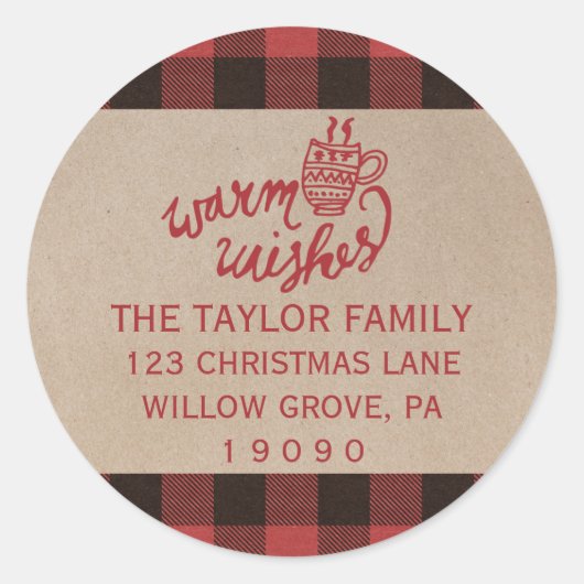 Sticker Rond Red Buffalo Plaid Christmas Adresse de retour (Devant)