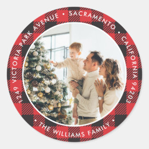 Sticker Rond Red Buffalo Plaid Christmas Retours Adresse Étique
