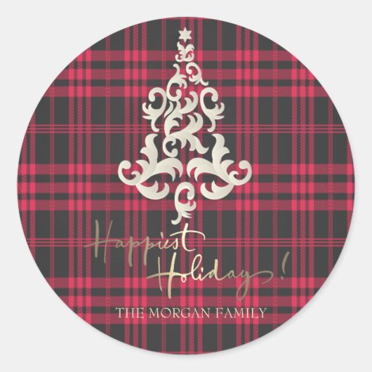 Sticker Rond Red Buffalo Plaid Christmas Tree Joyeuses Vacances (Devant)