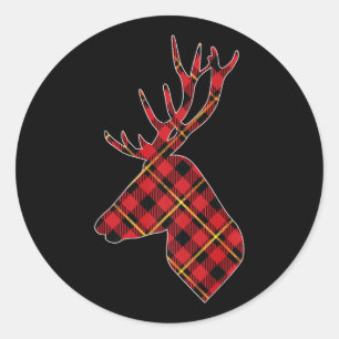 Sticker Rond Red Buffalo Plaid Deer Reinder Head Christmas Hun