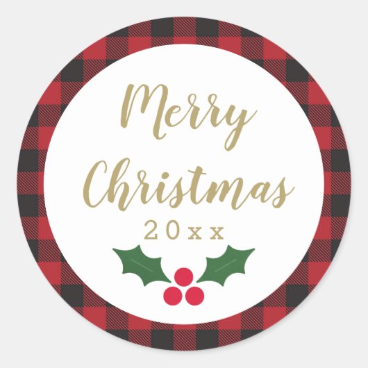 Sticker Rond Red Buffalo Plaid Gold Joyeux Noël 2021 (Devant)