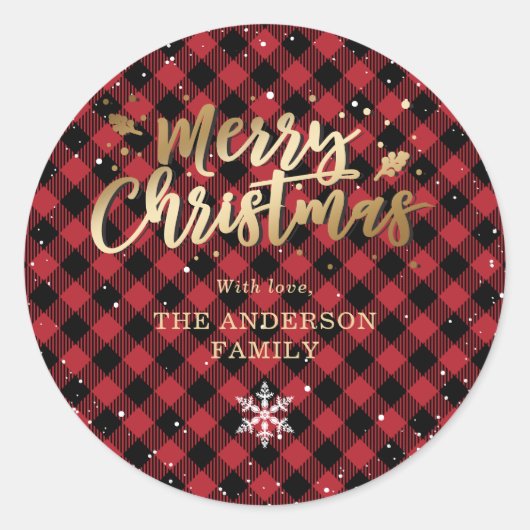 Sticker Rond Red Buffalo Plaid Gold Snow Christmas (Devant)