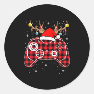 Sticker Rond Red Buffalo Plaid Joueur de Noël Jeu Vidéo Jeu Noë