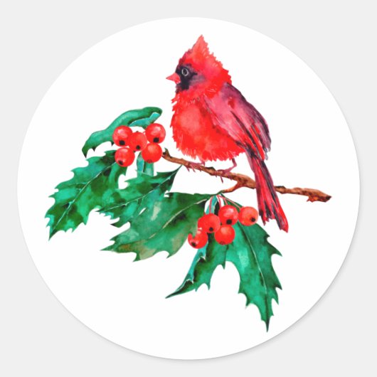 Sticker Rond Red Cardinal Bird sur Holly Berry Branch (Devant)