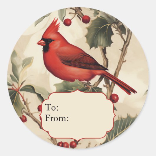 Sticker Rond Red Cardinal & Holly Personalized To and From (Devant)