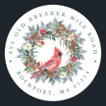 Sticker Rond Red Cardinal Wreath Christmas Return Adresse Label<br><div class="desc">Ajoutez une touche spéciale à vos enveloppes d'hiver ou de Noël. Conçu pour être coordonné avec la collection Elegant Christmas Wreath et Cardinal. Un cardinal rouge est niché dans une couronne de pin traditionnelle ornée de baies, de pinecones et de fleurs. Votre adresse est écrite au-dessus et au-dessous du bouquet...</div>