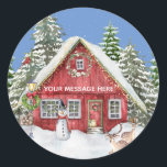 Sticker Rond Red Country House Snow Christmas Nom de la scène d<br><div class="desc">La scène de Noël parfaite — chute de neige; arbres enneigés; maison décorée de lumières; bonhomme de neige devant; cerf devant. Pour vous-même ou très spécial comme cadeau. Personnalisez le message comme vous le souhaitez. Pour toute question ou problème de conception, envoyez un courriel à charmdesignstudio@rcn.com et nous serons ravis...</div>