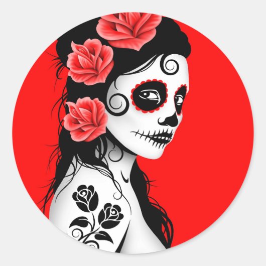 Sticker Rond Red day of the Dead Sugar Skull (Devant)