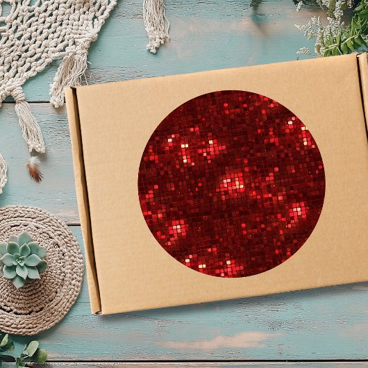 Sticker Rond Red Disco Style Squares Valentine Pattern