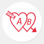 Sticker Rond Red Double Hearts with Cupids Arrow and Initials (Devant)