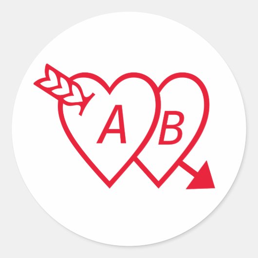 Sticker Rond Red Double Hearts with Cupids Arrow and Initials (Devant)
