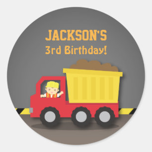 Sticker Rond Red Dump Truck Boy Construction fête d'anniversair