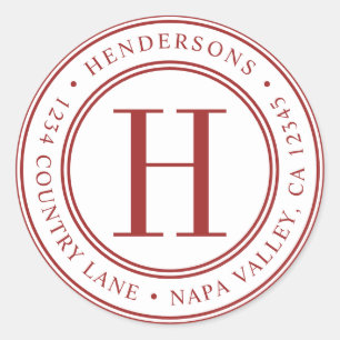 Sticker Rond Red Elegant Monogram Adresse de retour