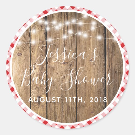 Sticker Rond Red En vichy Vérifier Plaid Rustic Wood Event Show (Devant)