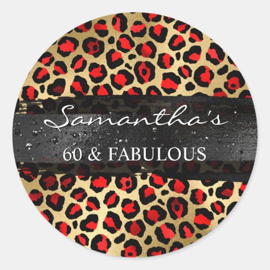 Sticker Rond Red et Gold Foil Leopard 60 & Fabulous (Devant)