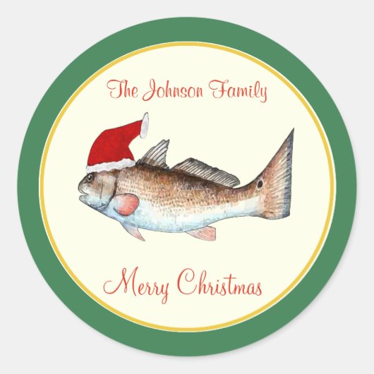 Sticker Rond Red fish Santa Hat Christmas Green (Devant)