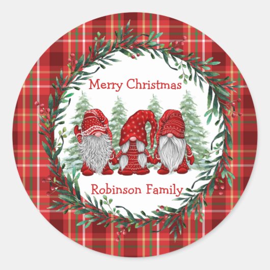 Sticker Rond Red Gnomes Christmas Holly Berry Wreath (Devant)