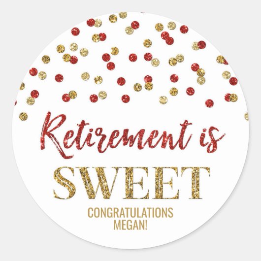 Sticker Rond Red Gold Confetti Retirement est doux (Devant)