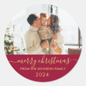 Sticker Rond Red Gold Script Family Photo Joyeux Noël (Devant)