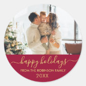 Sticker Rond Red Gold Script Family Photo Joyeux Vacances (Devant)