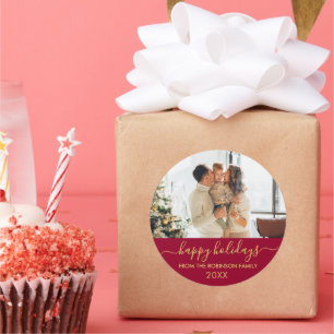 Sticker Rond Red Gold Script Family Photo Joyeux Vacances