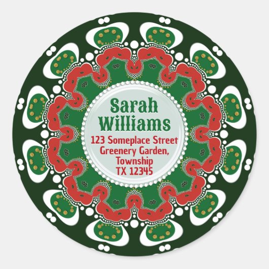 Sticker Rond Red Green Holiday Mandala w/ Custom Text Name Addr (Devant)