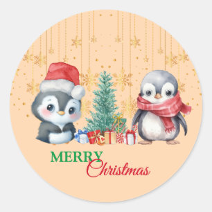 Sticker Rond Red Green Penguin Père Noël Joyeux Noël Party