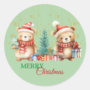 Sticker Rond Red Green teddy Bear Père Noël Joyeux Noël Party