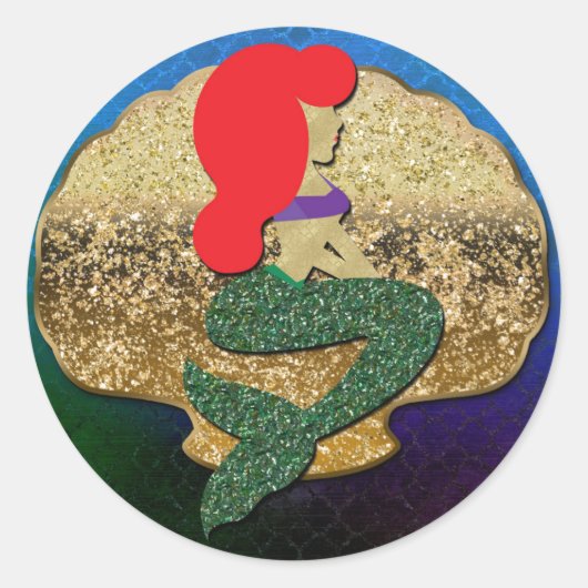 Sticker Rond Red Haired Mermaid Golden Seashell Party Favoriser (Devant)
