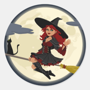 Sticker Rond Red Haired Witch Flying