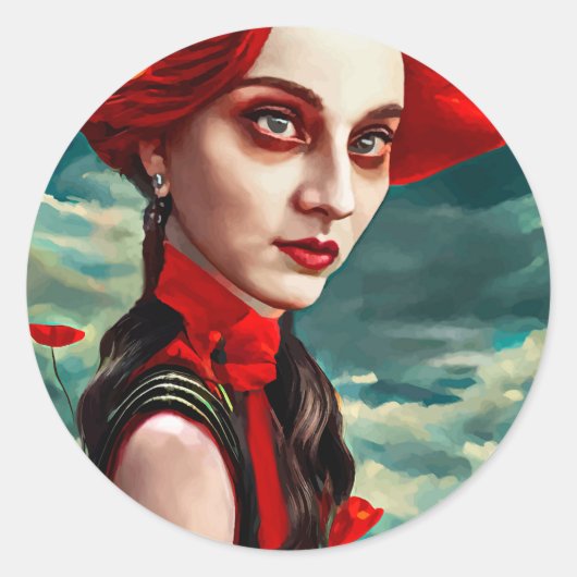 Sticker Rond Red Head Poppy Flower Lady imaginaire art (Devant)