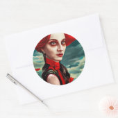 Sticker Rond Red Head Poppy Flower Lady imaginaire art (Enveloppe)