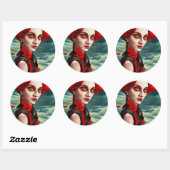 Sticker Rond Red Head Poppy Flower Lady imaginaire art (Feuille)