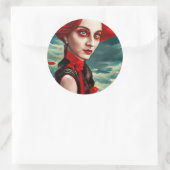 Sticker Rond Red Head Poppy Flower Lady imaginaire art (Sac)