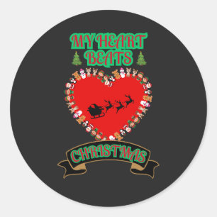Sticker Rond Red Heart Père Noël Sleigh Reindeer Noël