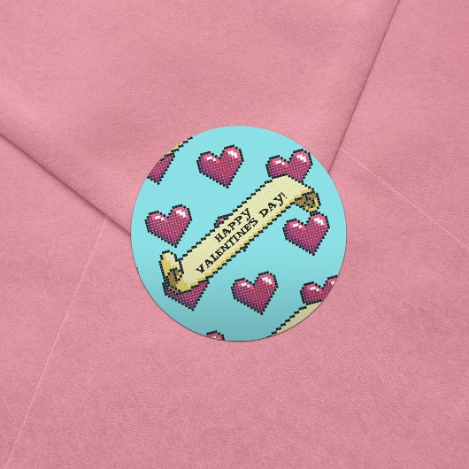Sticker Rond Red Hearts Heureuse Sainte-Valentin Pixel Art Moti