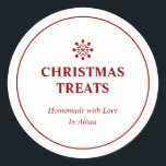 Sticker Rond Red Homemade Christmas Traitements Vacances Produi<br><div class="desc">Cette simple conception autocollante de vacances comprend un flocon de neige avec des textes personnalisés. Vous pouvez ajouter cet autocollant moderne à votre cadeau de Noël comestible,  des produits faits maison. D'autres modèles de vacances sont disponibles dans mon magasin BaraBomDesign.</div>
