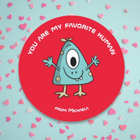 Sticker Rond Red Kids Valentine's Day Monster Alien
