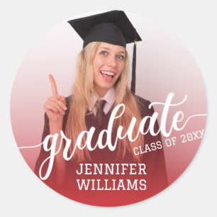 Sticker Rond Red Personnalisée Graduation Photo Graduate Party
