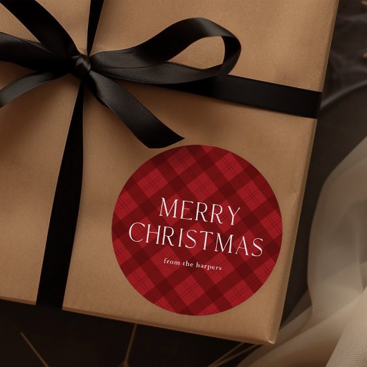 Sticker Rond Red Plaid Merry Christmas