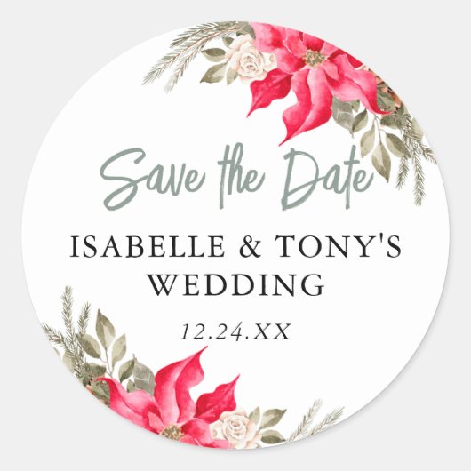 Sticker Rond Red Poinsettia Enregistrer la date Sceau d'envelop (Devant)