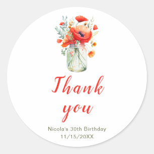Sticker Rond Red Poppies Mason Jar Anniversaire
